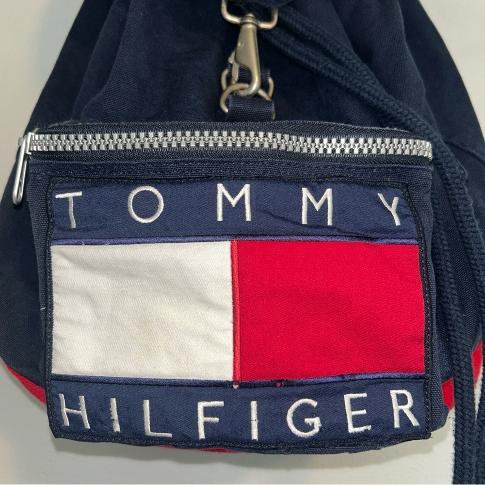 Vintage 1990s Tommy Hilfiger Backpack Nap Sack Tote Bag Big Flag Spell Out Logo - Picture 2 of 6